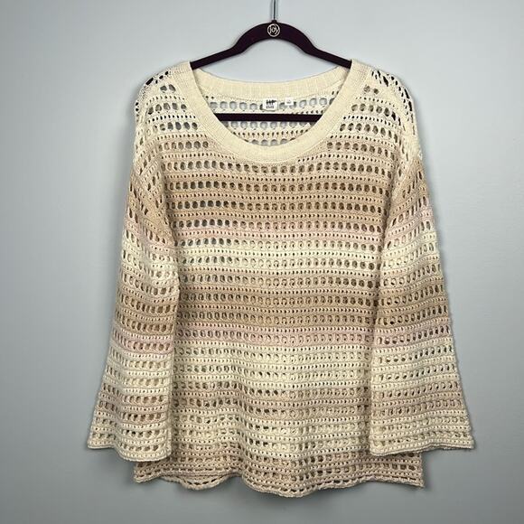 Gap neutral open crochet knit striped bell sleeve boho sweater size large - Picture 1 of 8